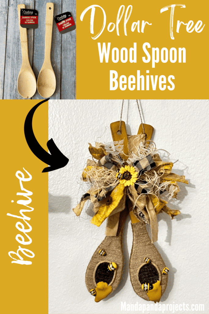 Dollar Tree Wood Spoon Beehives easy and affordable DIY summer decor for a bee and sunflower theme decoration with a bug messy bow, twine and honey.
