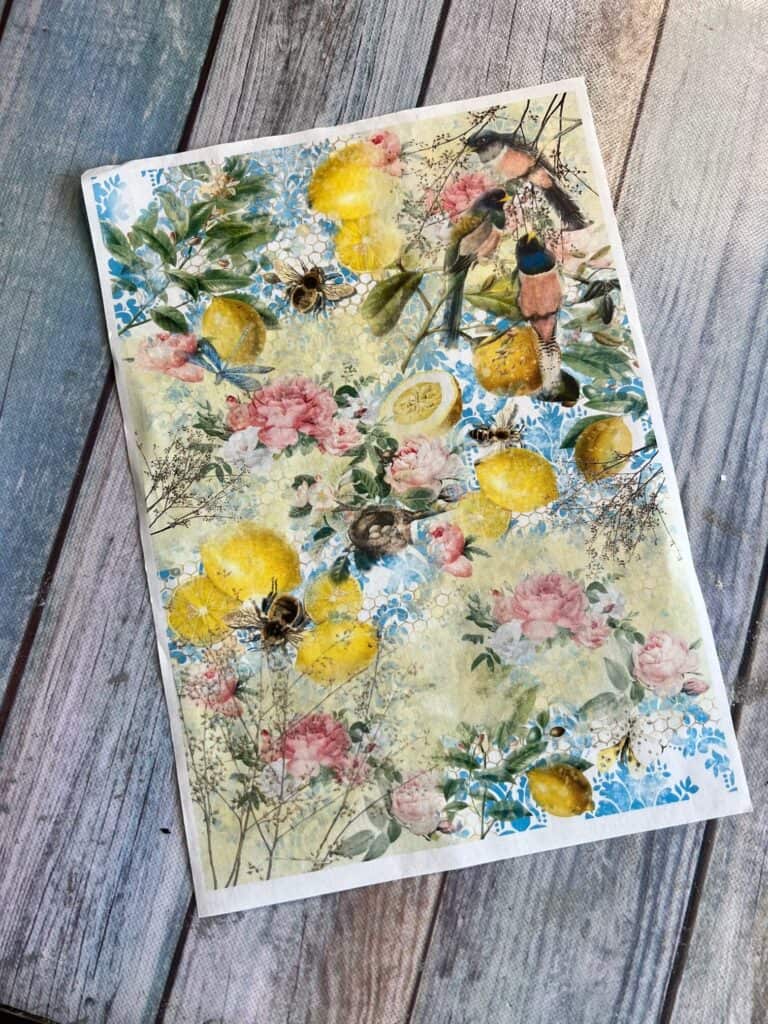 Rice paper printable with lemons, blue, pink florals and bees.