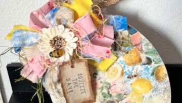DIY Wood lemon cutout decor with blue, yellow, and pink lemon woods rice paper and a big messy bow with a sola wood flower and mini bee embellishment and a burlap leaf for easy and affordable summer decor.