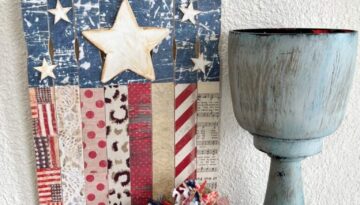 Paint Stick American Flag DIY Patriotic decor for decorating for 4th of July and showing American pride with red and white striped paint sticks with blue and white stars and a wood bead hanger.