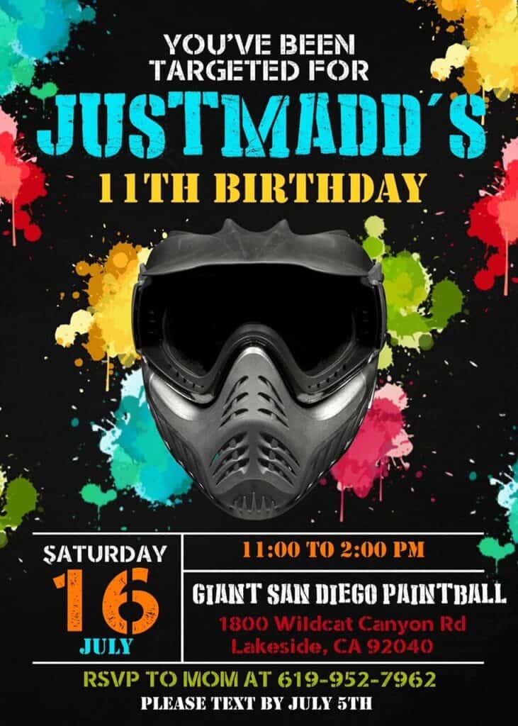 A Paintball themed kids birthday party invitation.