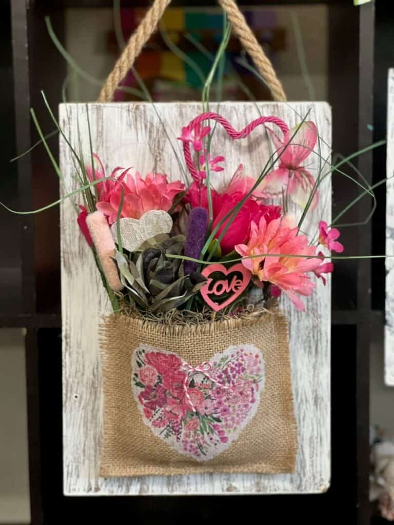 Valentines Heart Burlap Floral Pouch