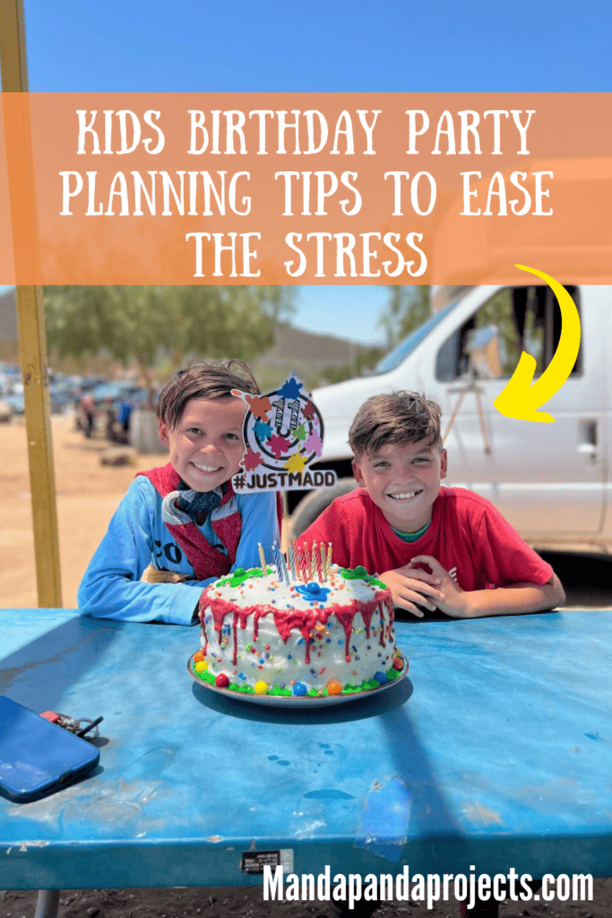 Kids birthday party planning tips to ease the stress with 2 kids sitting in front of a paintball theme cake.