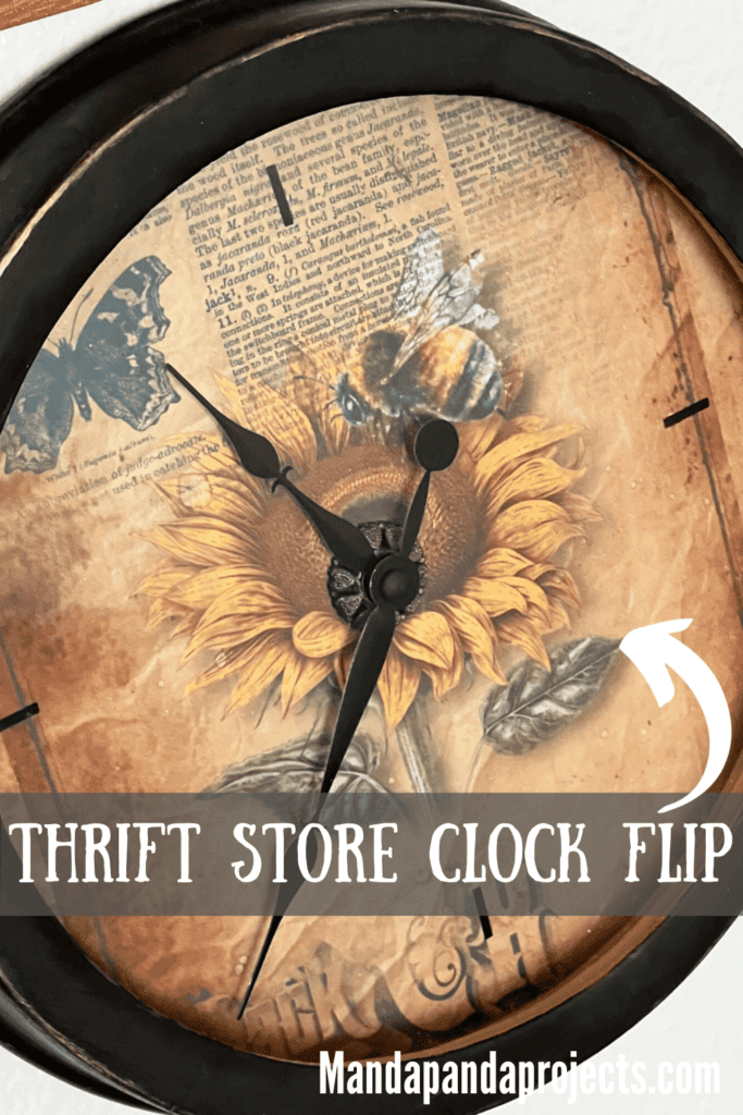 Thrift Store Clock Makeover with a Sunflower vintage rice paper face with a small bee and butterfly, black outer rim with gold rub n' buff. DIY thrift flip decoration.