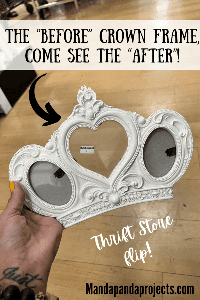 A white thrift store crown picture frame before the makeover.