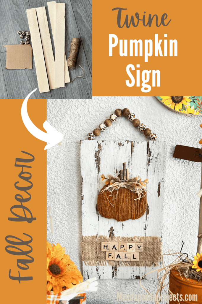 Rustic Happy Fall Twine Pumpkin Sign made on a wood shim chippy white background, cardboard orange twine pumpkin, leopard print wood bead hanger, and a burlap strip at the bottom that says "Happy Fall" in scrabble tile letters.