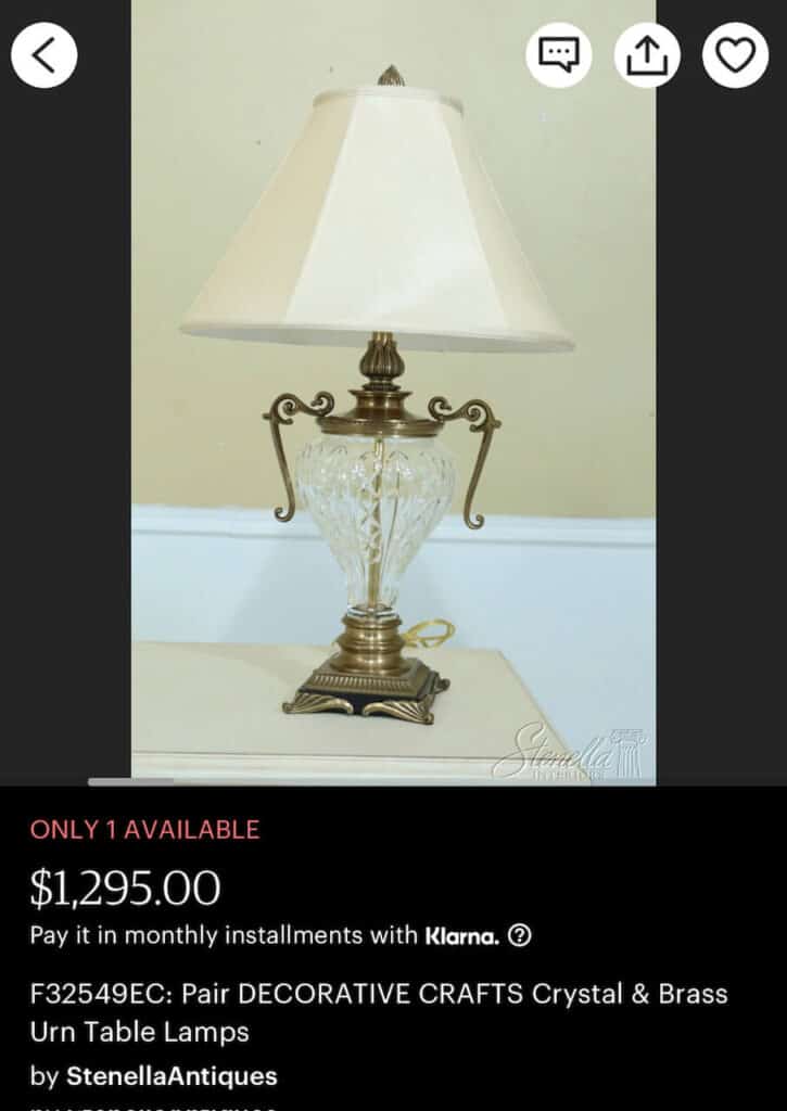 The same lamp that I found at my dumpster, listed on Etsy as a pair with the shades for $1,295.