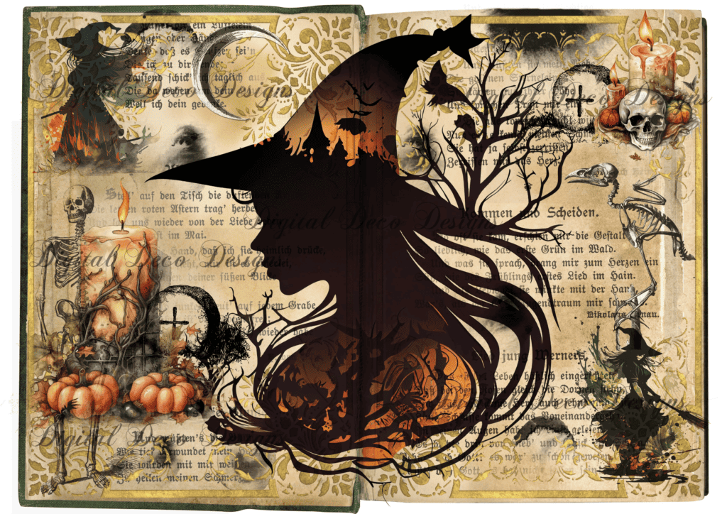 The digital image of the Digital Deco Designs rice paper called "Spell book 1" with a large witch in the center and various Halloween elements around it.