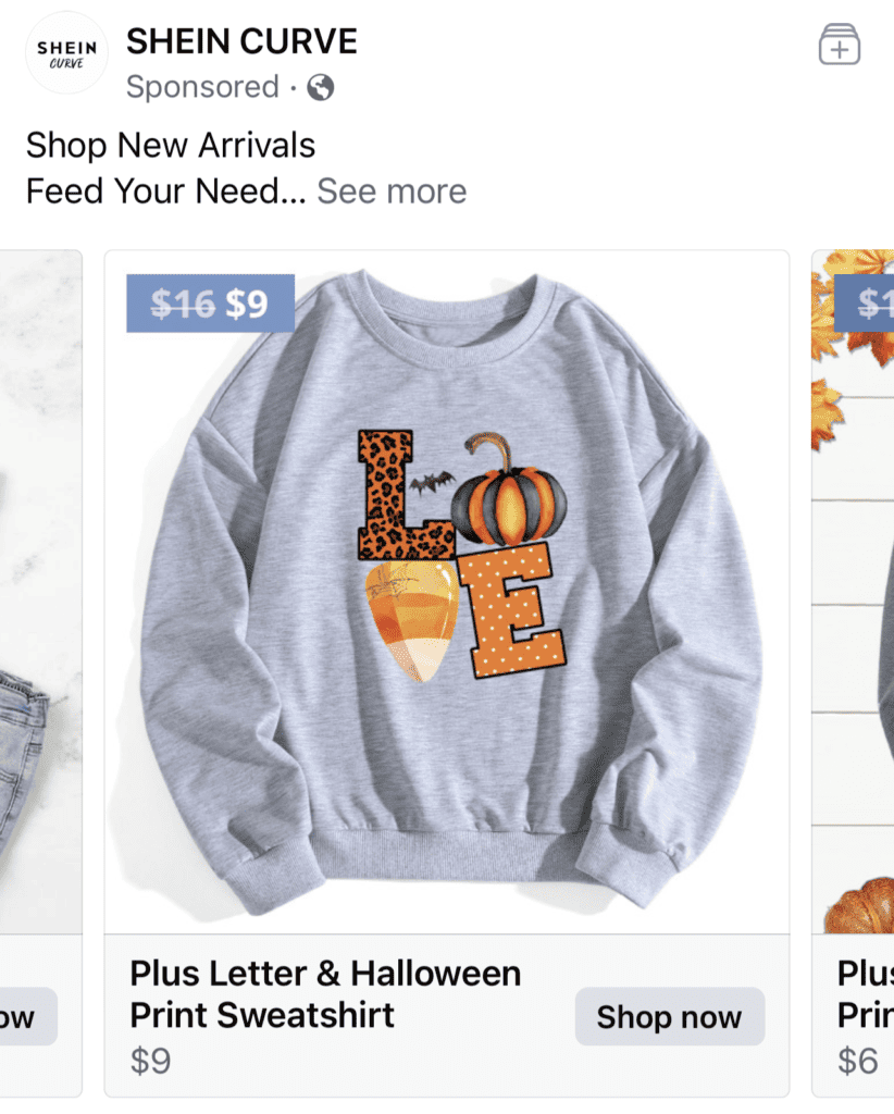 Facebook ad from Shein with a sweatshirt that says LOVE in a Halloween style.