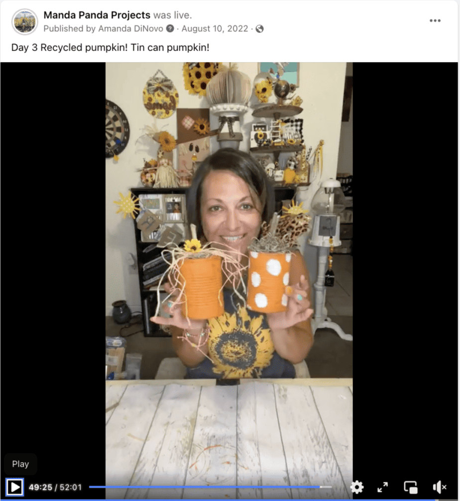 Amanda holding the completed craft in a Facebook live thumbnail.