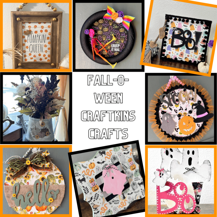 Fall-o-ween craftkins crafts. A collage of all the crafts that we made using napkins from my Big Pack of Craftkins subscription.