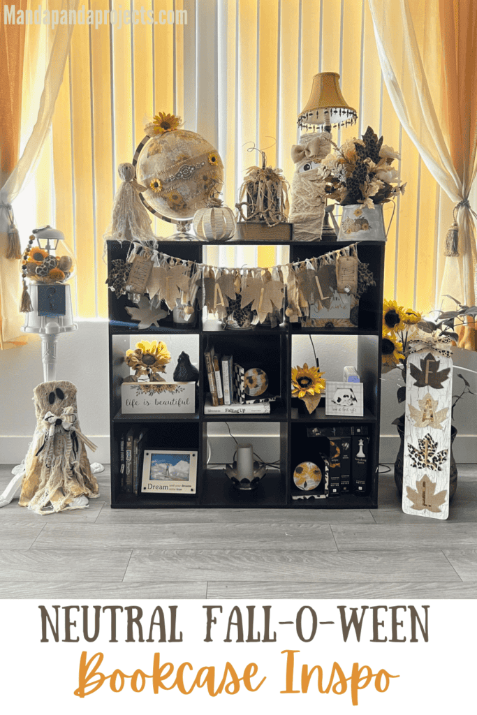 Neutral Fall-O-Ween Bookcase inspo to decorate for fall and halloween with DIY crafts and decor as well is thrift store finds with neutral, gold, leopard print, and vintage sunflower
