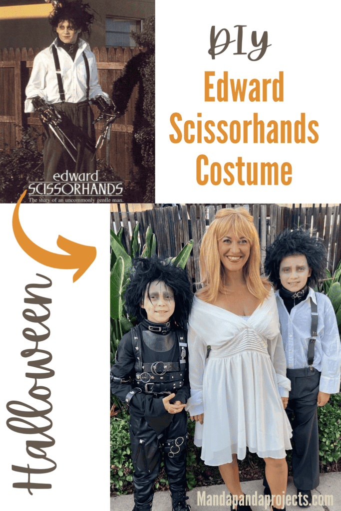 DIY Edward Scissorhands Costumes made with thrift store clothes and belts. Two different versions from the movie, one with black belted leather suit and one with grey pants, and white shirt with suspenders. Both wearing handmade scissorhands gloves and wild black wigs with scars on their faces and a pale complexion. Kim is dressed in a white dress just like in the movie.