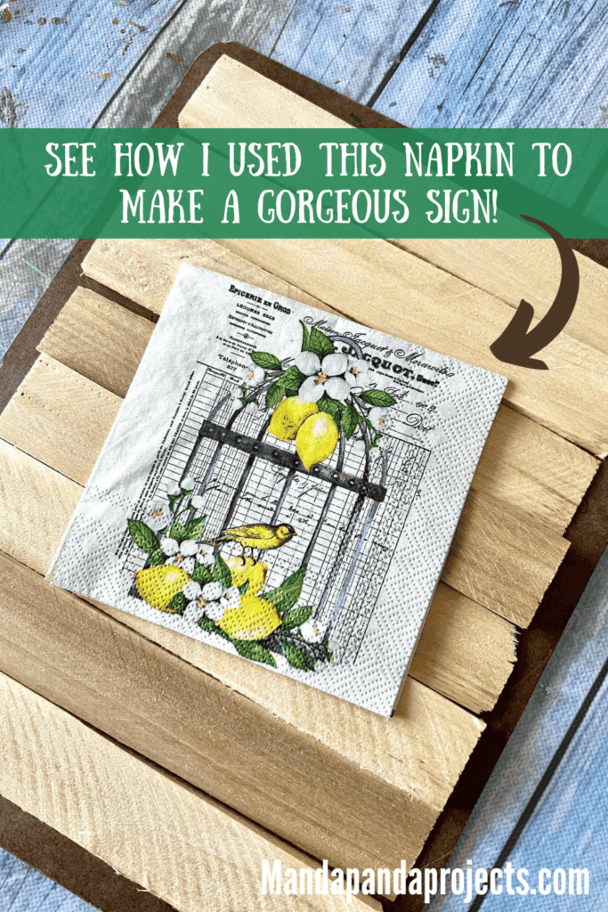 Wood background, wood shims, and a napkin with a birdcage with lemons.
