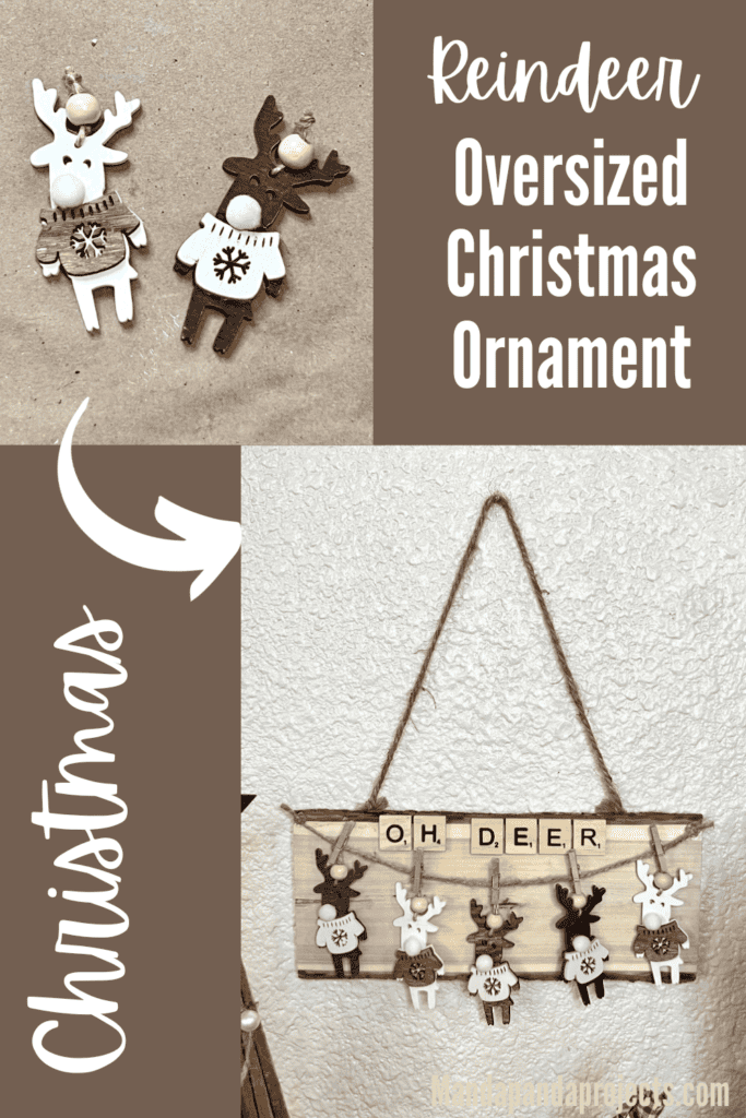 DIY Reindeer Oversized Christmas Ornament with 5 neutral tan deer, hanging from a piece of twine with mini clothespins and scrabble tile letters at the top that says "OH DEER"  all on a piece of Dollar Tree natural wood plaque.