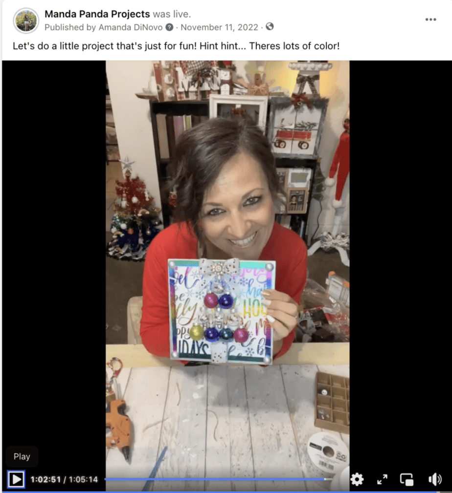 Amanda holding the completed project on a Facebook live thumbnail.