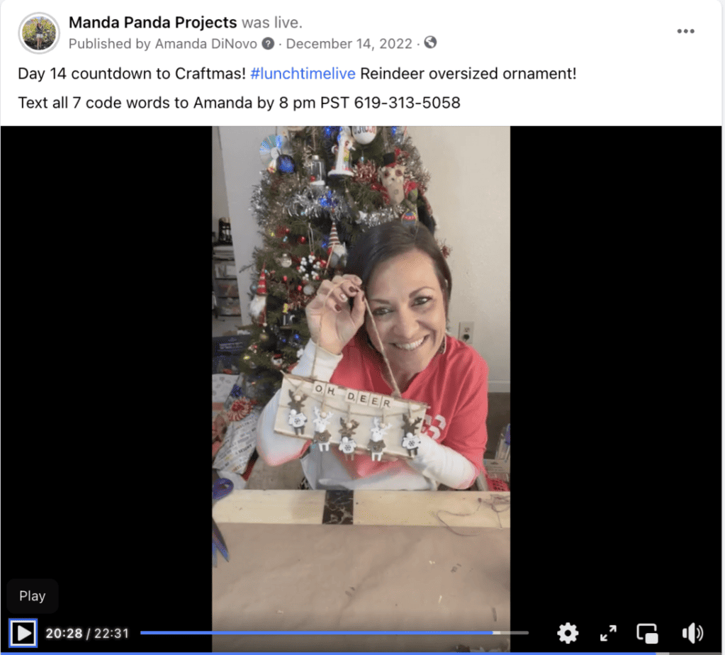 Amanda holding the completed project on a Facebook live thumbnail.