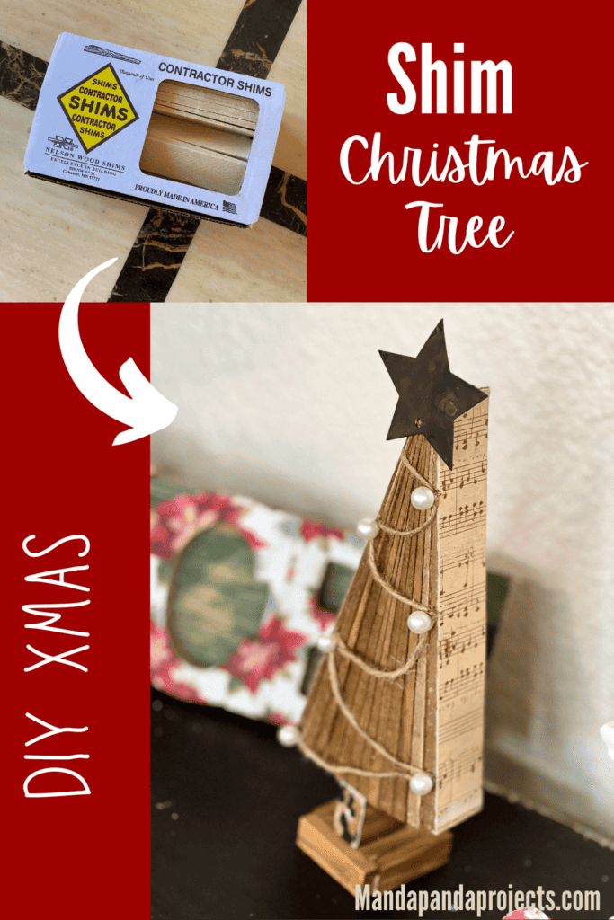 DIY standing Christmas tree decor with wooden shims, music sheet scrapbook paper, twine and pearls ornaments, a metal star and a leopard print trunk and stand made with jenga blocks.