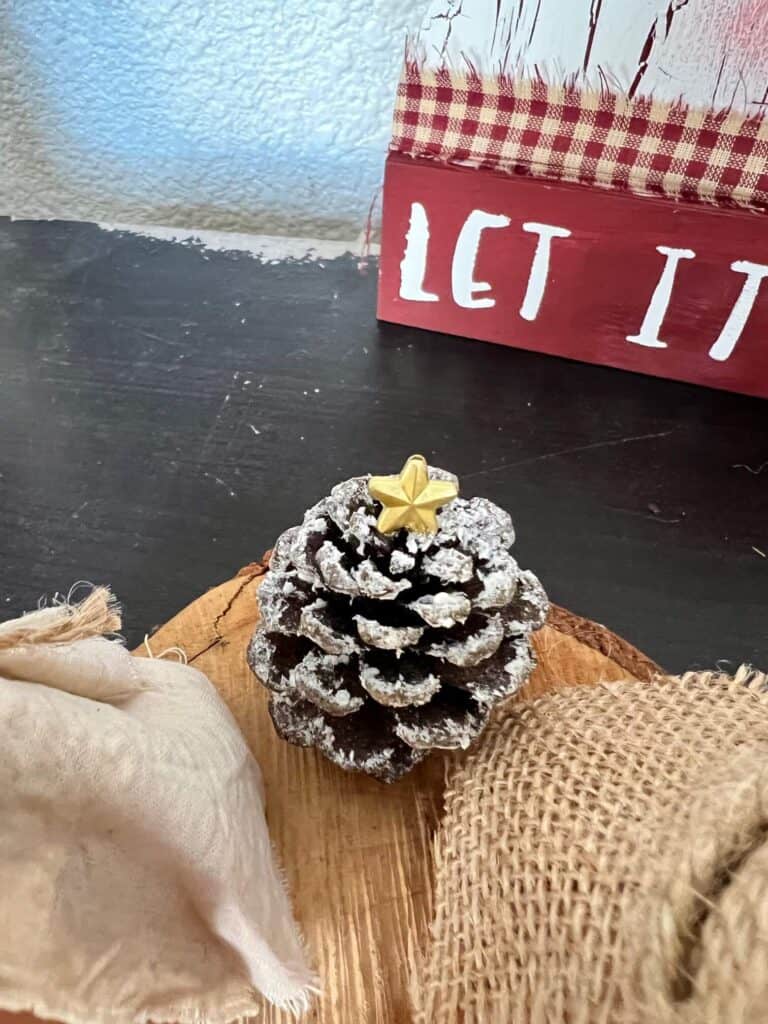Pine cone Christmas tree covered with snow and a gold star at the top.