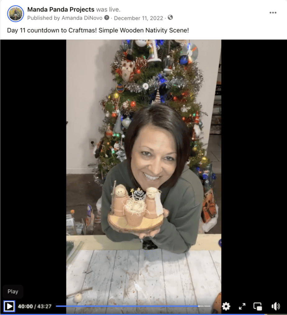 Amanda holding the completed craft on a Facebook Live thumbnail.