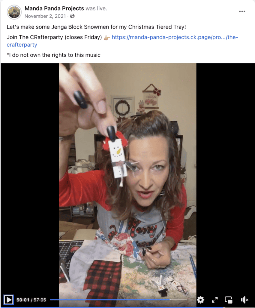 Amanda holding the completed project on a Facebook Live Thumbnail.