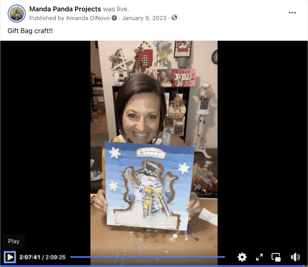 Amanda holding the completed craft on a Facebook live thumbnail.