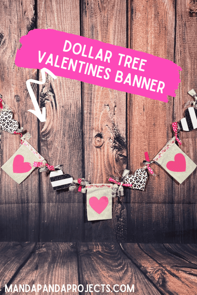 Dollar Tree Pink Heart Valentines Day Treat Bag banner with wood hearts with black and white stripes and pink leopard print, and fabric strips in between with pink and red lips. DIY Decor hanging garland for a Mantle or bookcase.