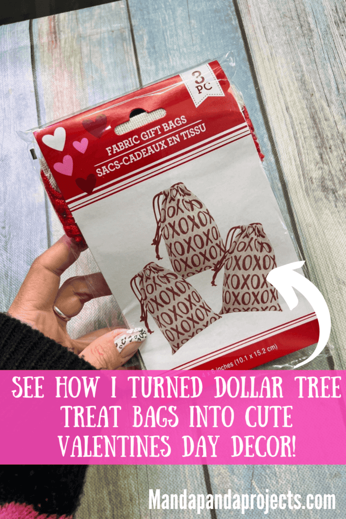 Dollar Tree Fabric gift bags that say XOXO in red.