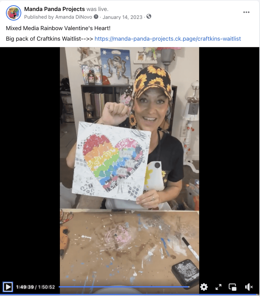 Amanda holding the completed project up on a facebook live thumbnail.