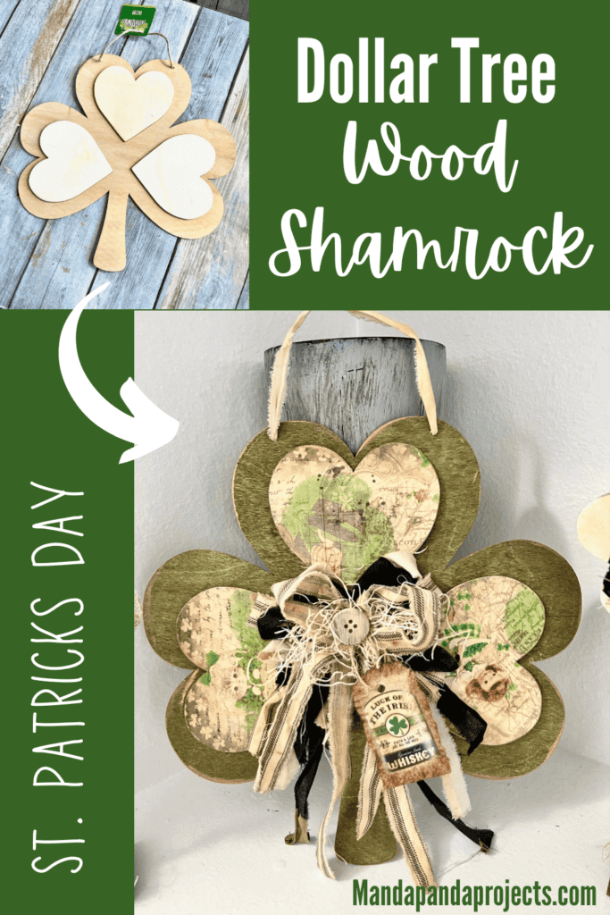 DIY Dollar Tree St. Patricks Day Shamrock made with Digital Deco Designs "Field O' Clovers" rice paper, a messy fabric bow. and a "luck of the Irish" hangtag for DIY St. Paddy's Day Decor.