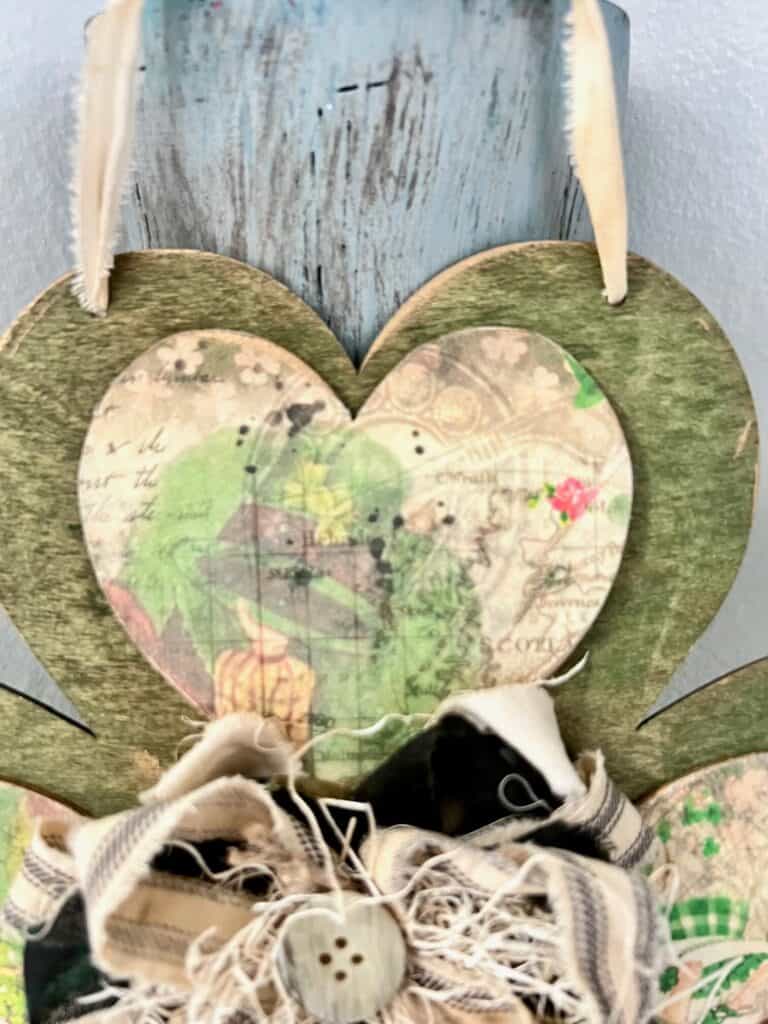 Close up of the hearts decoupaged with Digital Deco Designs rice paper "field o clovers".
