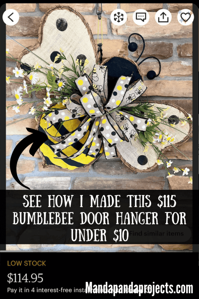 xCardboard Copycat Bumblebee Door Hanger with jute rope around the edge of the cardboard body and a black and yellow stripes with wings with black polka dots and a big messy fabric bow with flowers in the center.