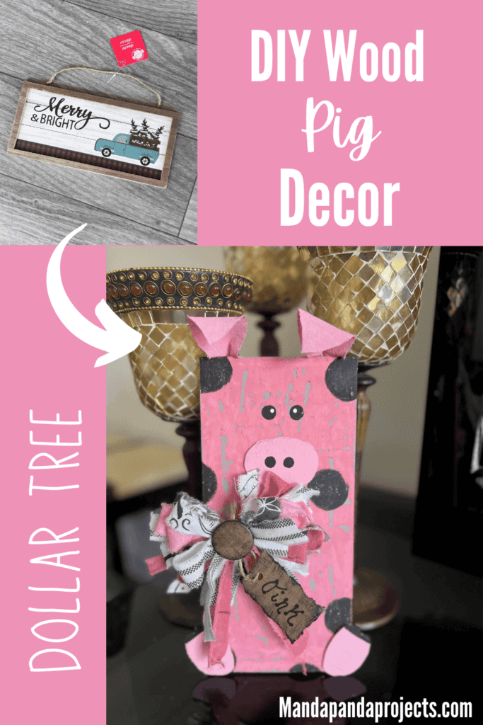 DIY affordable farmhouse wooden pig decor with chippy pink paint and black polka dots and a big messy fabric bow with a tag that says "oink oink"