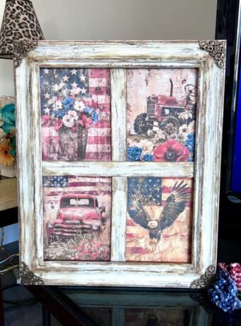 DIY Patriotic Window made with a thrifted frame and Americana Grunge rice paper designs to decorate for memorial day and 4th of July in your home decor.