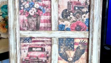 DIY Patriotic Window made with a thrifted frame and Americana Grunge rice paper designs to decorate for memorial day and 4th of July in your home decor.