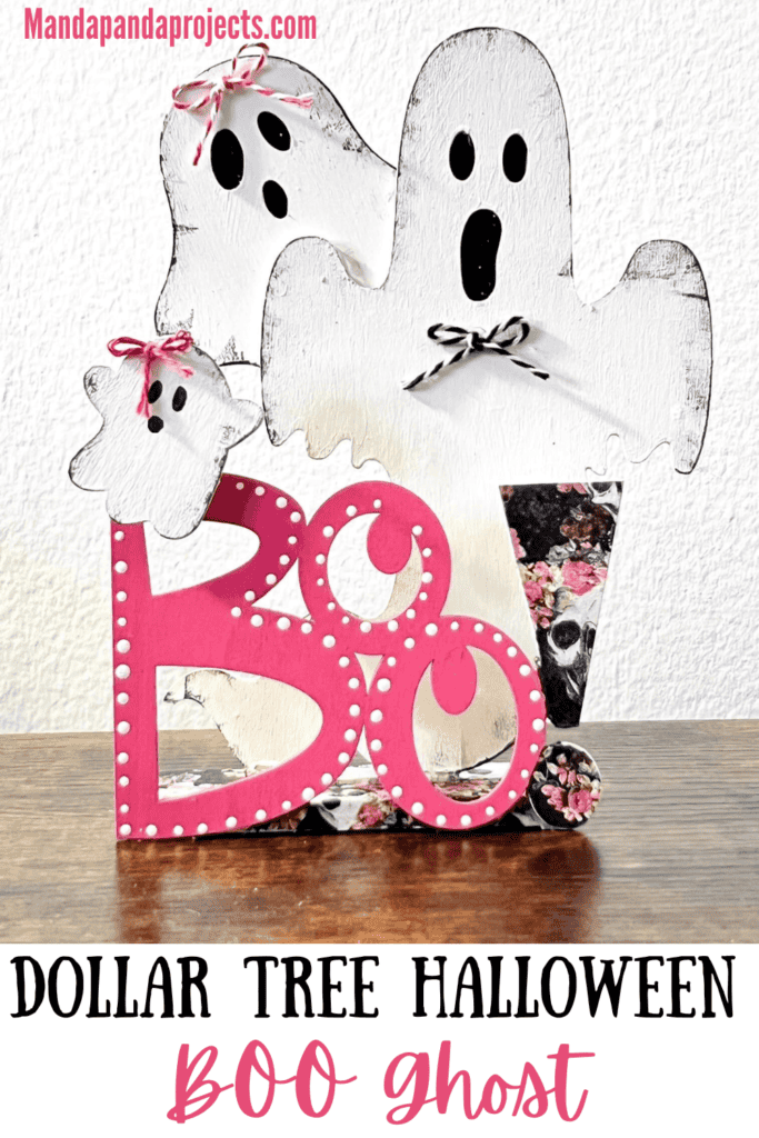 Dollar Tree Halloween Pink BOO Wood Ghost decor made with a floral skull napkin.