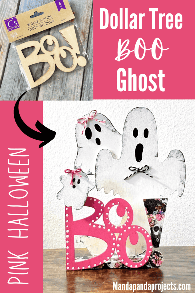 Dollar Tree Halloween Pink BOO Wood Ghost decor made with a floral skull napkin.