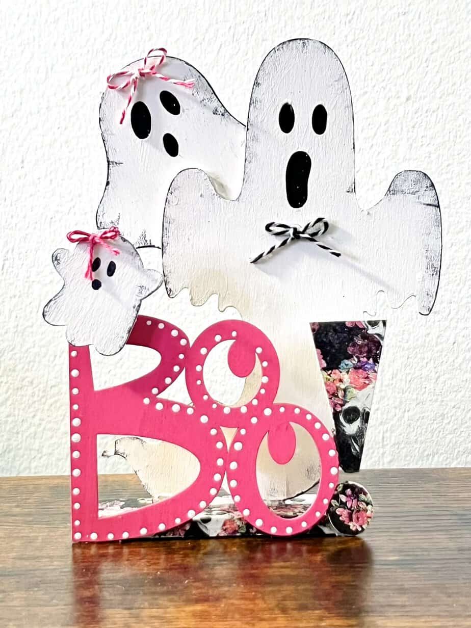 Dollar Tree Halloween Pink BOO Wood Ghost decor made with a floral skull napkin.