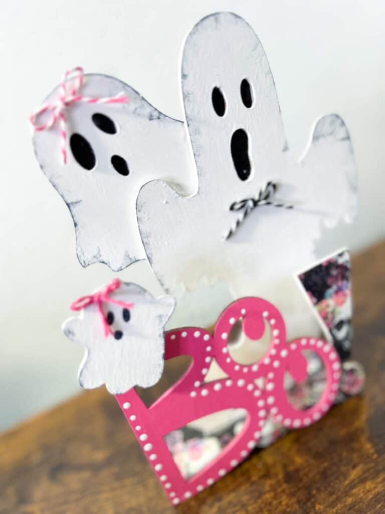 Dollar Tree Halloween Pink BOO Wood Ghost decor made with a floral skull napkin.