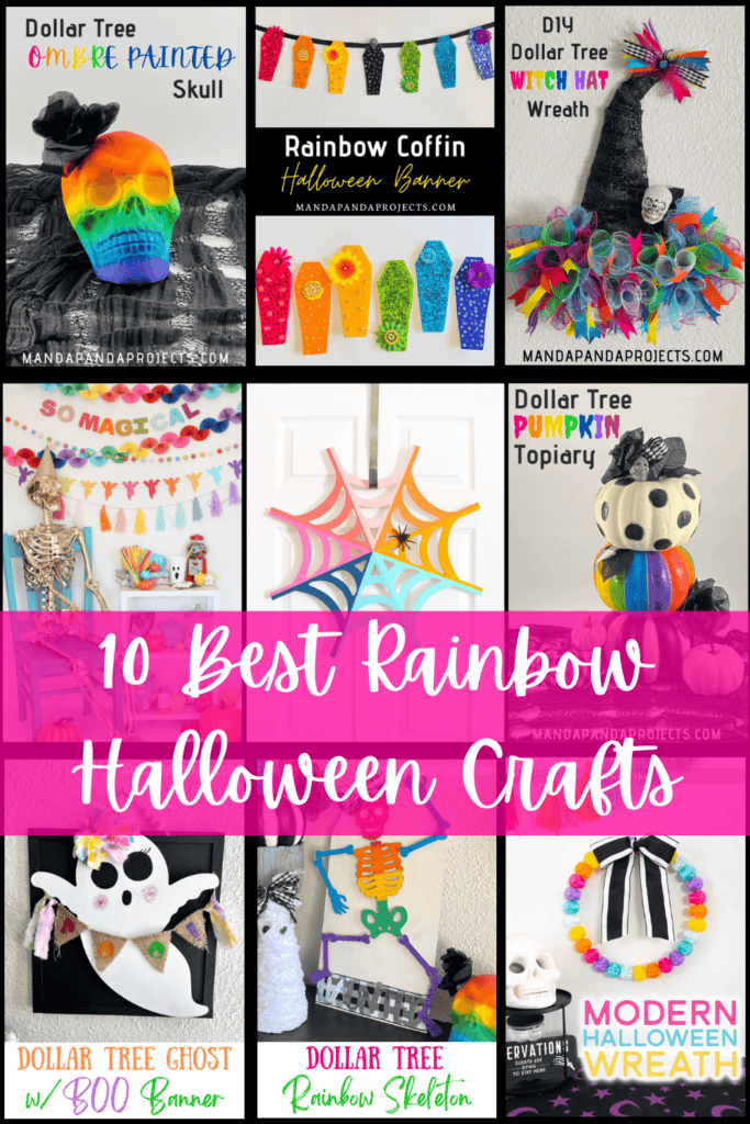 A collage of 9 different rainbow halloween crafts.