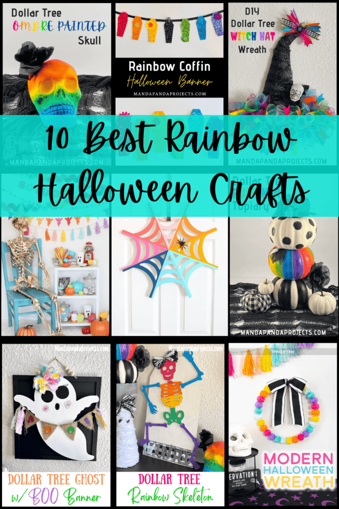 A collage of 9 different rainbow halloween crafts.