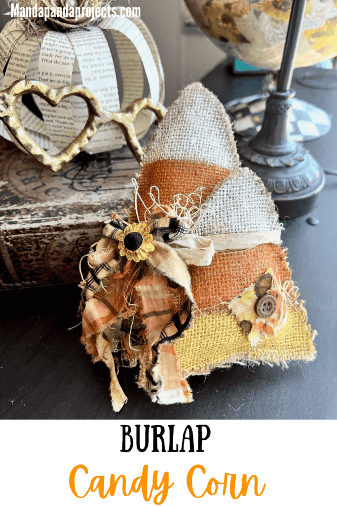 Fall and Halloween yellow, orange, and white candy corn made with burlap, 2 candy corn tied together with muslin and fabric bow with a sunflower embellishment to decorate your home.