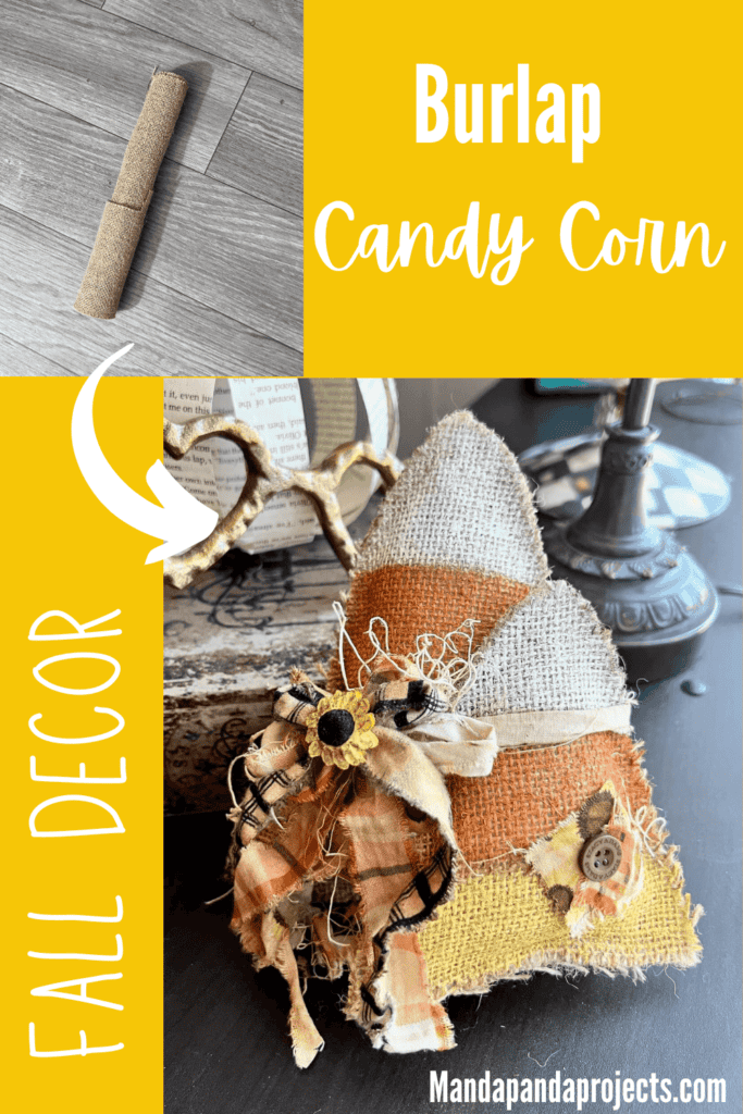 Fall and Halloween yellow, orange, and white candy corn made with burlap, 2 candy corn tied together with muslin and fabric bow with a sunflower embellishment to decorate your home.