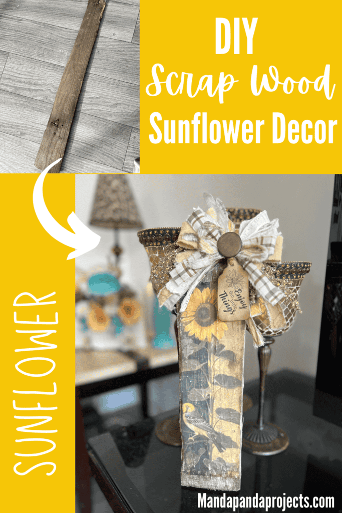 DIY Scrap wood sunflower decor with a free sunflower printable on rice paper, decoupaged onto a piece of scrap wood and a big messy fabric bow with a hangtag that says "enjoy the little things".