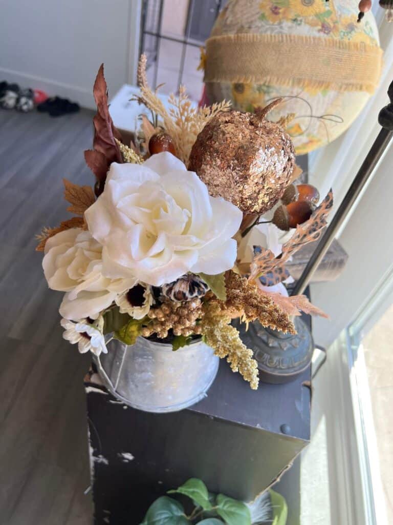 A top view of the fall floral arrangement.