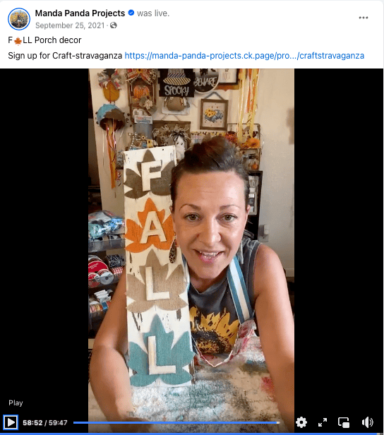 Amanda holding the completed craft on a Facebook live thumbnail.