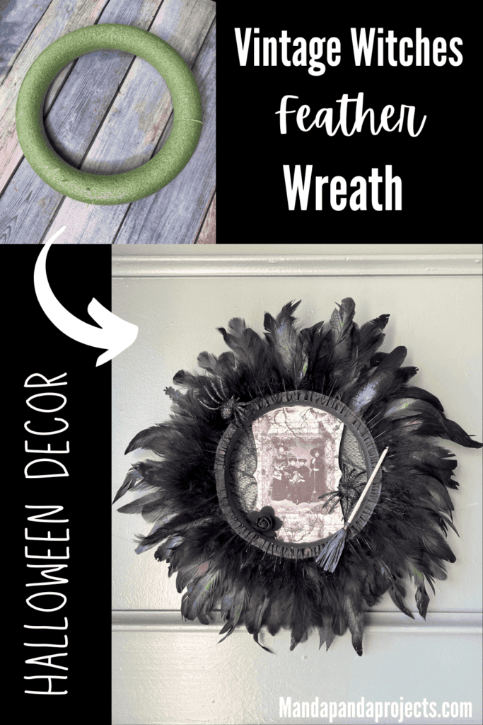 Dollar Tree styrofoam wreath form with black feather trim around the outside, vintage witches rice paper sign in the center, and embellished with faux spiders, mini broomstick, and a black rose for DIY Halloween crafts and decor.