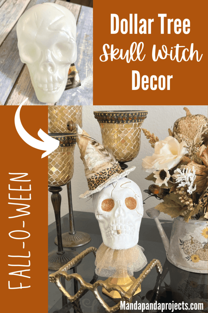 Dollar Tree plastic skull for Halloween, painted white with gold glitter eyes on top of a gold candlestick with a gold tulle neck collar and a witches that was redone with neutral and leopard print fabric and a feather in it's hat.