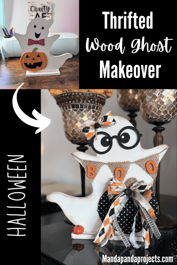 Cute thrifted wood standing ghost makeover with a black and white polka dot pumpkin, a burlap banner that says "BOO", black eyeglasses, and an orange and black fabric bow.