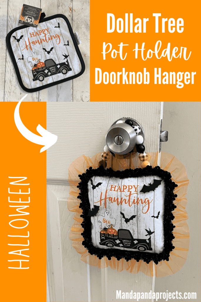 Dollar Tree Halloween Pot Holder with a Ghost, bats, and an old truck that says "Happy Haunting with orange tulle trim around the edge and a black and white buffalo check wood bead hanger, DIY doorknob hanger.